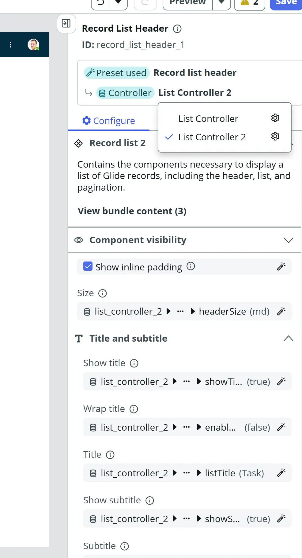 The configuration panel of Record List Header, with the Controller menu open and List Controller 2 selected, each controller with a gear icon next to it.